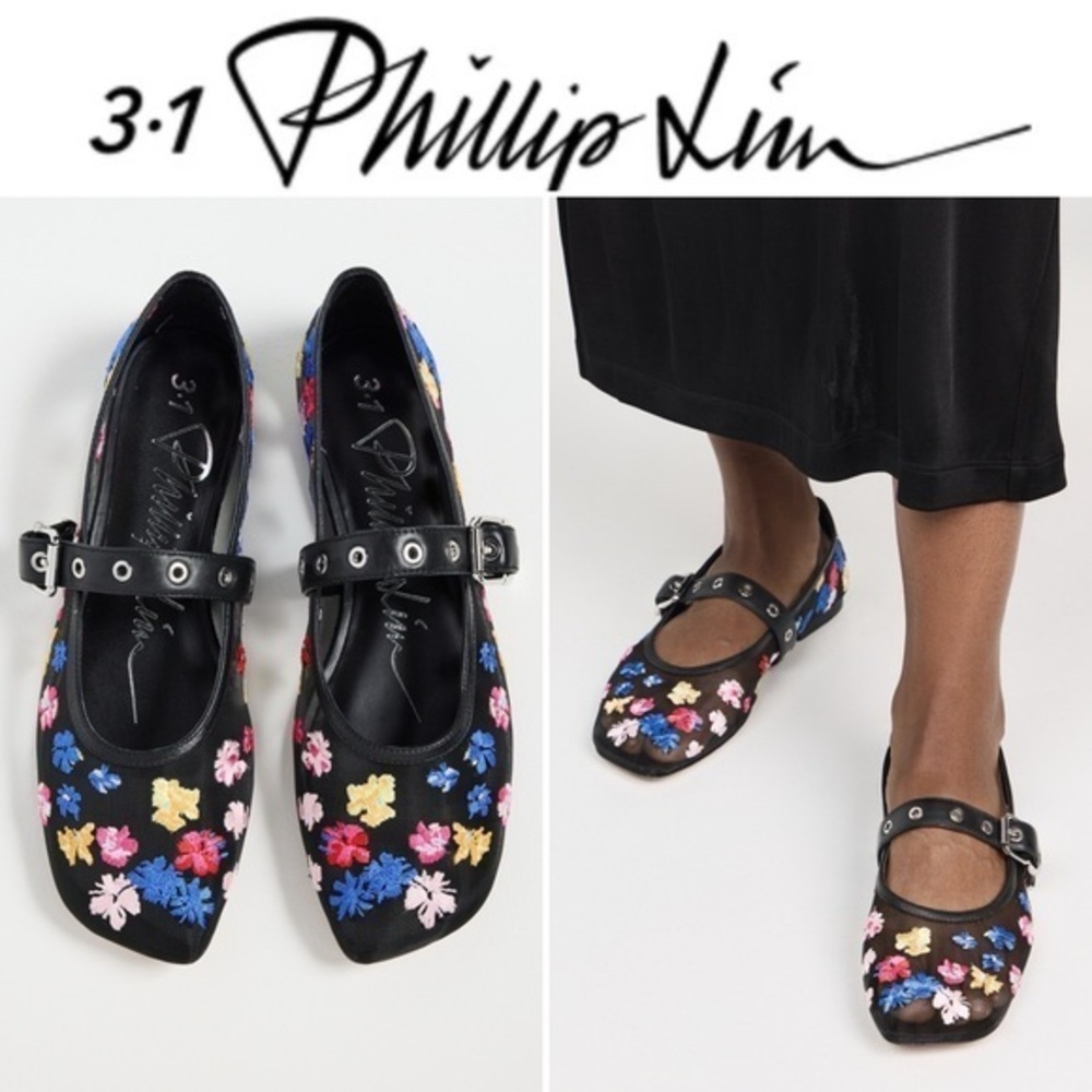 3.1 Phillip Lim ID Flowerworks Mesh Mary Jane Black Flats Floral Embroidery EU36
